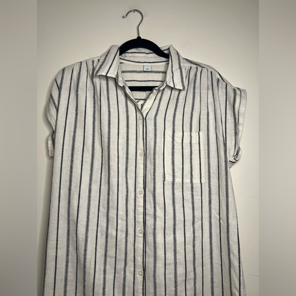 Old Navy Striped Shirt Dress Medium Linen Blend Short Sleeve Button‎ Front - Picture 2 of 7